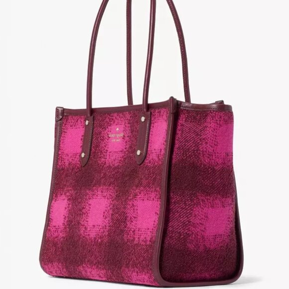 Kate Spade Ella Plaid Tweed Tote Medium Bright Rose Black Shoulder Bag - Picture 13 of 13